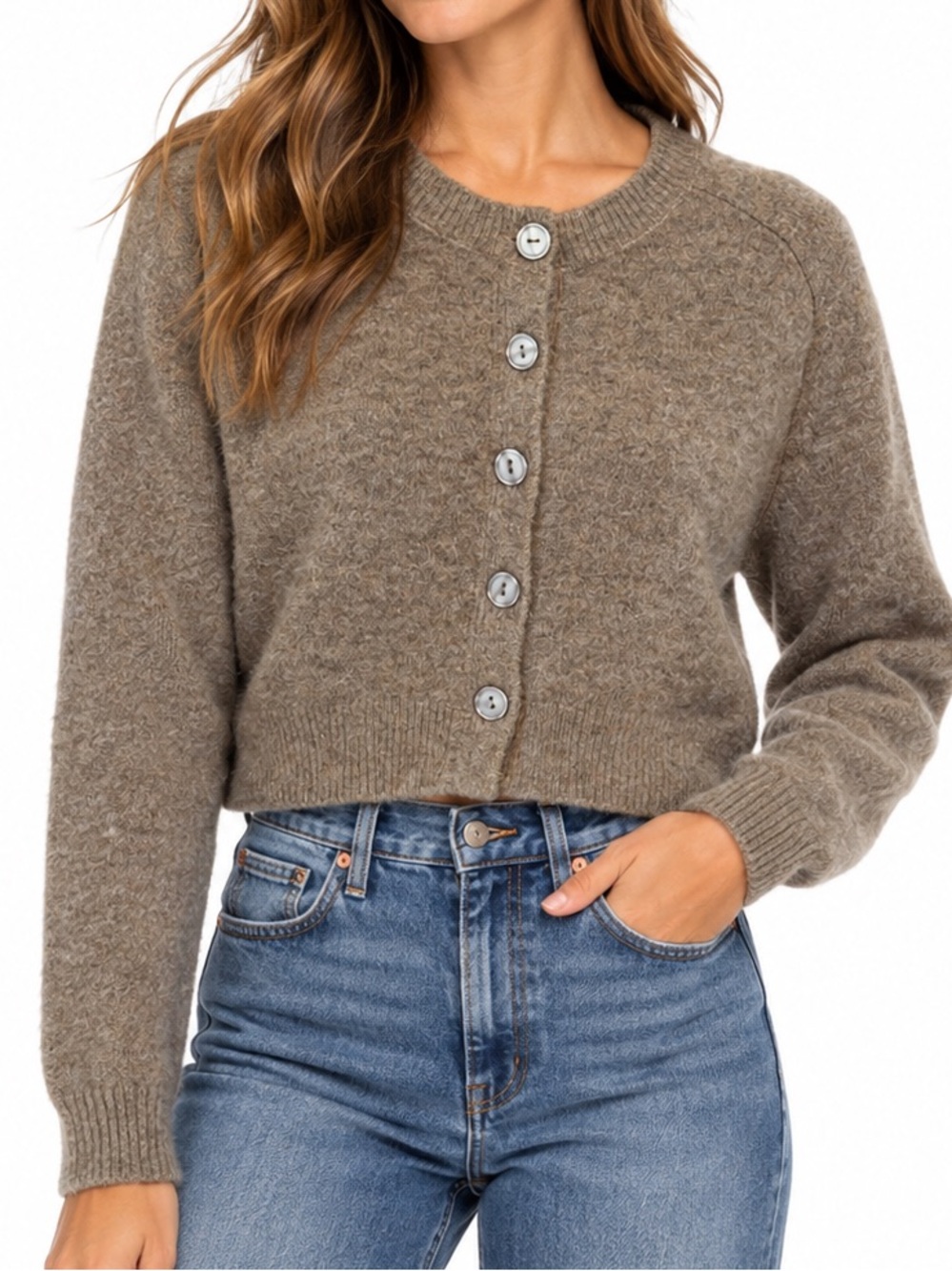 ZARA Soft Cardigan Metal Taupe Brown Cropped Wool Blend Sweater M
